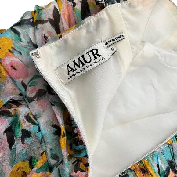 AMUR Elyse Silk Chiffon Floral Ruffle Bodycon Mini Dress Multicolor 6 Coquette - Picture 8 of 16